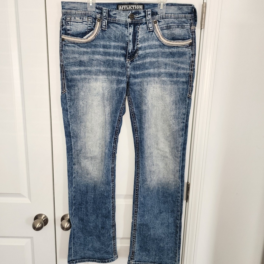 Affliction Blake Relaxed Straight Jeans Mens 36 Blue Acid Wash Embroidered Y2K